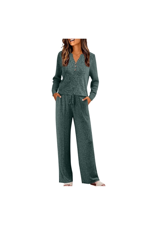 Women's 2 Piece Fall Winter Knit Sets Henley Neck Ribbed Long Sleeve Tops Drawstring Waist Wide Leg Pants Lounge, Sleep Everyday Outfits