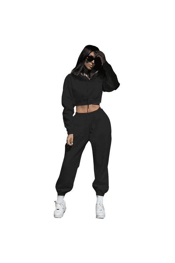 Women's 2-Piece Fleece-Lined Tracksuit Set, Cropped Hoodie with Jogger Pants, Casual Athletic Style, Black - Small