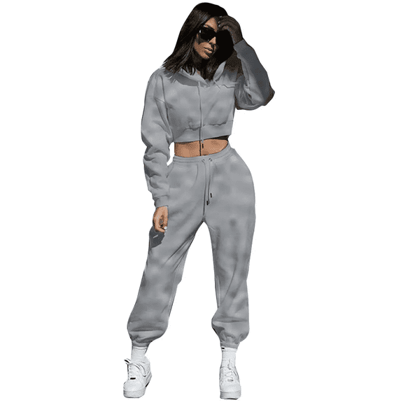 Women's 2-Piece Fleece-Lined Tracksuit Set, Cropped Hoodie with Jogger Pants, Casual Athletic Style, Gray - Large