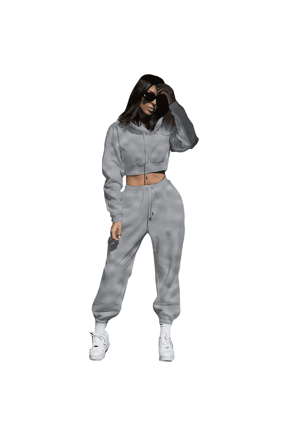 Women's 2-Piece Fleece-Lined Tracksuit Set, Cropped Hoodie with Jogger Pants, Casual Athletic Style, Gray - Small