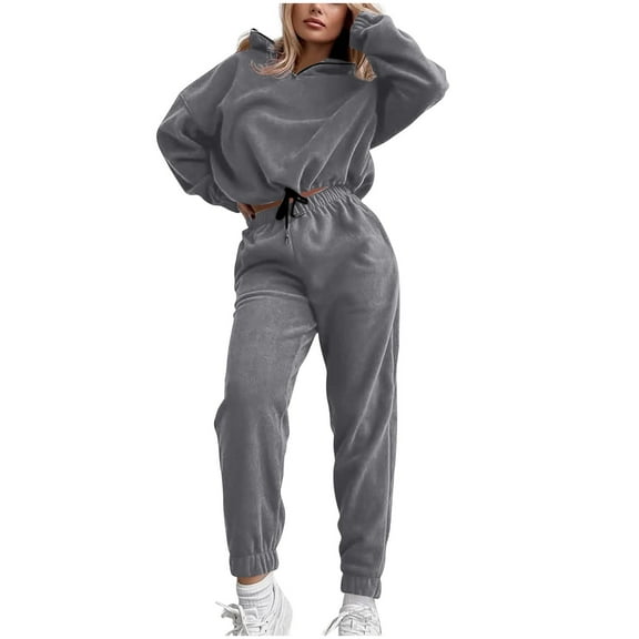 Women's 2 Piece Fleece Lounge Sets Casual Long Sleeve Stand Collar 1/4 Zip Drawstring Sweatshirt Tops Elastic Waist Wide Leg Lounge Long Pants Outfits