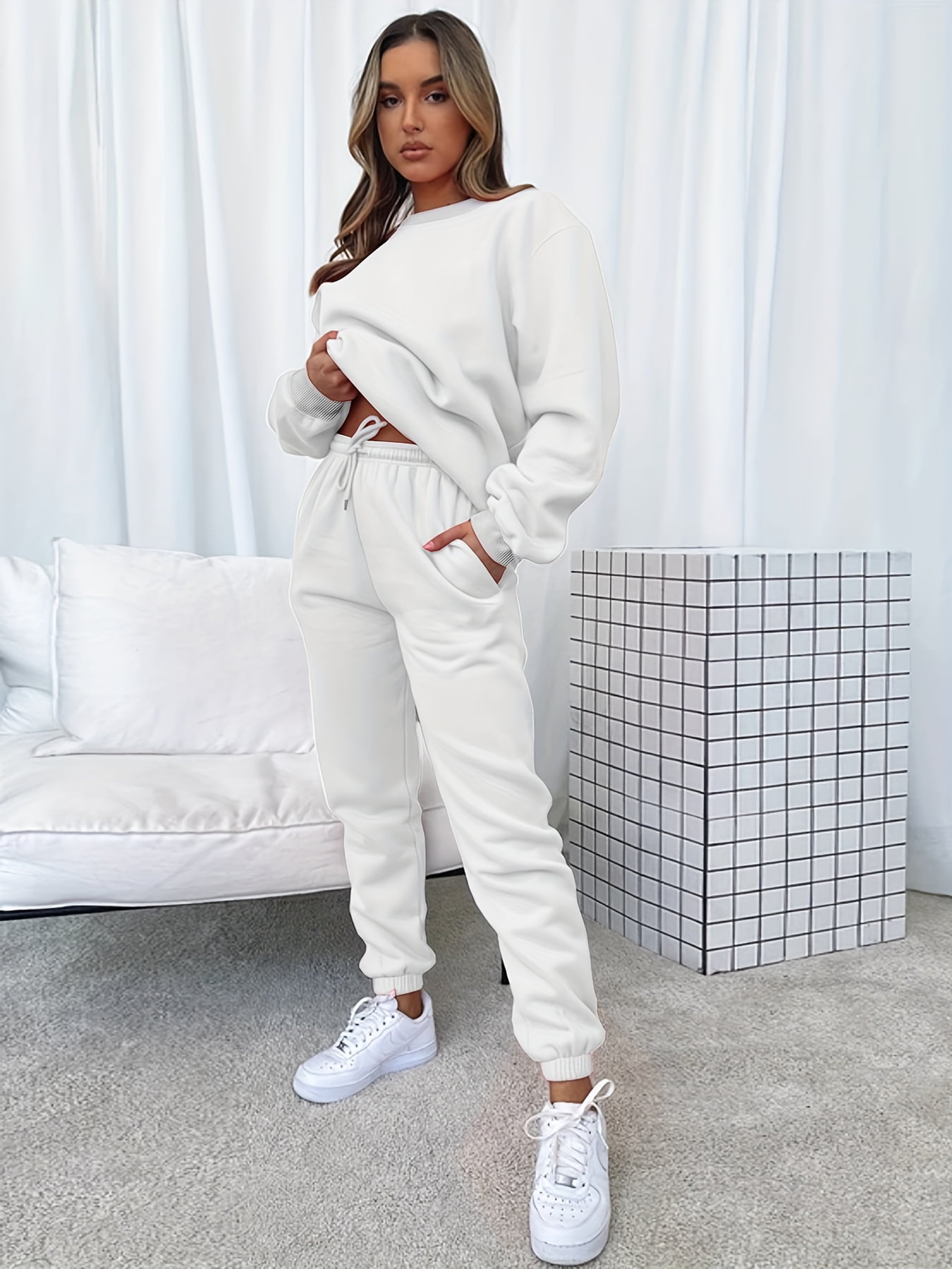 Women's 2 Piece Fleece Sweatsuit Outfits Long Sleeve Crewneck Pullover  Sweatshirt Drawstring Jogger Pants Lounge Sets A#khaki Medium