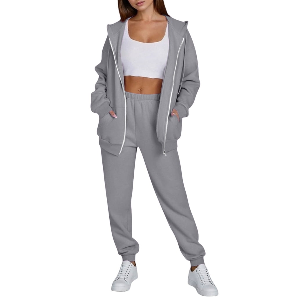 Women's 2-Piece Fleece Sweatsuit Set - Zip-Up Hoodie & Joggers