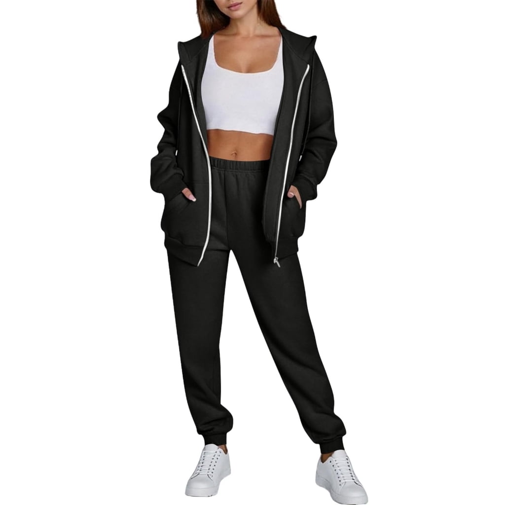 Women's 2-Piece Fleece Sweatsuit Set - Zip-Up Hoodie & Joggers