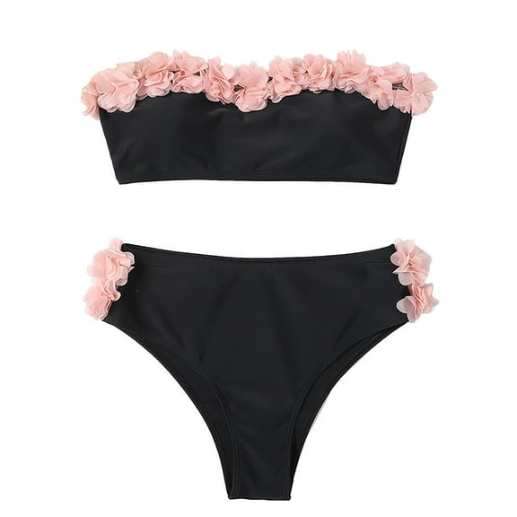 Women's 2 Piece Floral Appliques Bikini Sets Strapless Bra and High Waisted Thong Swimsuit Set Bathing Suit Swimsuits Black,S