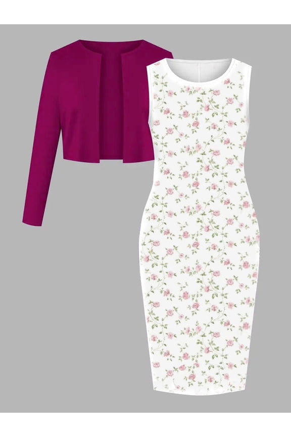 Women's 2-Piece Floral Dress Set Magenta Cropped Open-Front Blazer & Sleeveless Rose Print Bodycon Midi Dress Romantic Semi Formal Office to Weekend Outfit