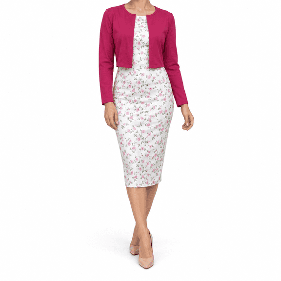 Women's 2-Piece Floral Dress Set Magenta Cropped Open-Front Blazer & Sleeveless Rose Print Bodycon Midi Dress Romantic Semi Formal Office to Weekend Outfit