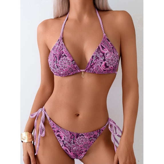 IOAOAI Women's 2 Piece Floral Print Halter Neck Tie Bikini Set Triangle String Thong Swimsuit Purple M