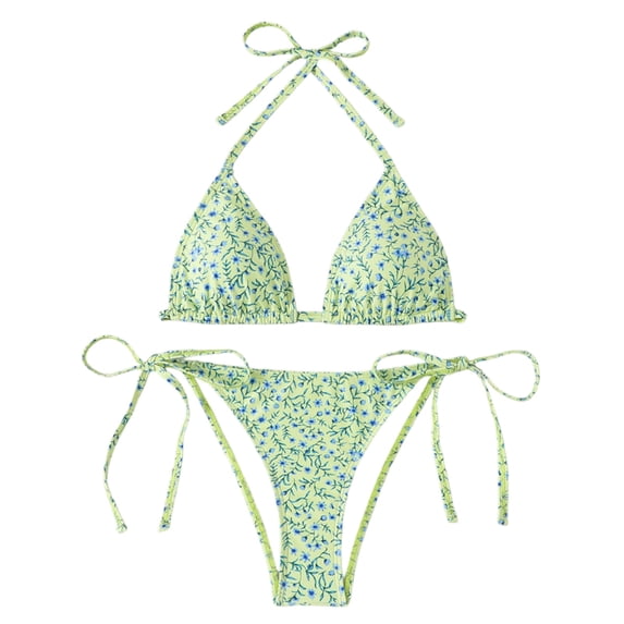 Women's 2 Piece Floral Tropical Print Bikini Set Boho Triangle Bathing Suit Tie Backless Swimsuit Sets (Light Green,L)