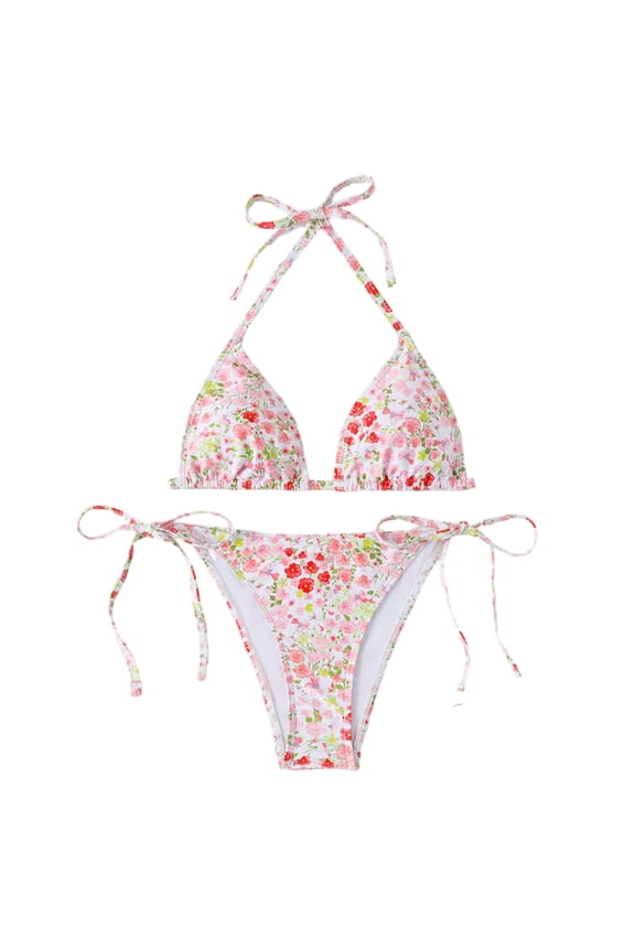 Women's 2 Piece Floral Tropical Print Bikini Set Boho Triangle Bathing Suit Tie Backless Swimsuit Sets (Light pink,L)