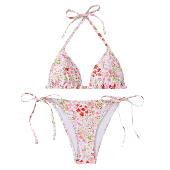 Women's 2 Piece Floral Tropical Print Bikini Set Boho Triangle Bathing Suit Tie Backless Swimsuit Sets (Light pink,M)