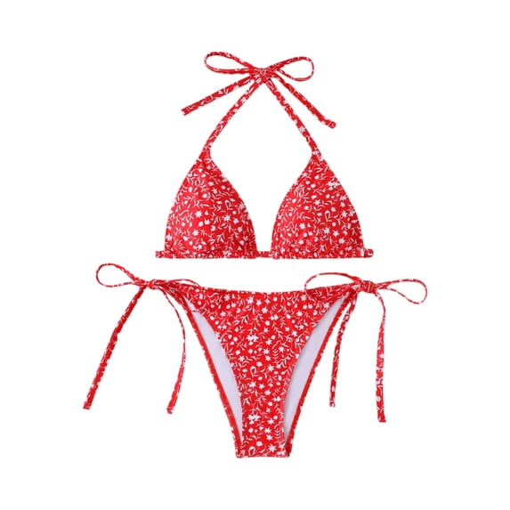 Women's 2 Piece Floral Tropical Print Bikini Set Boho Triangle Bathing Suit Tie Backless Swimsuit Sets (Red,S)