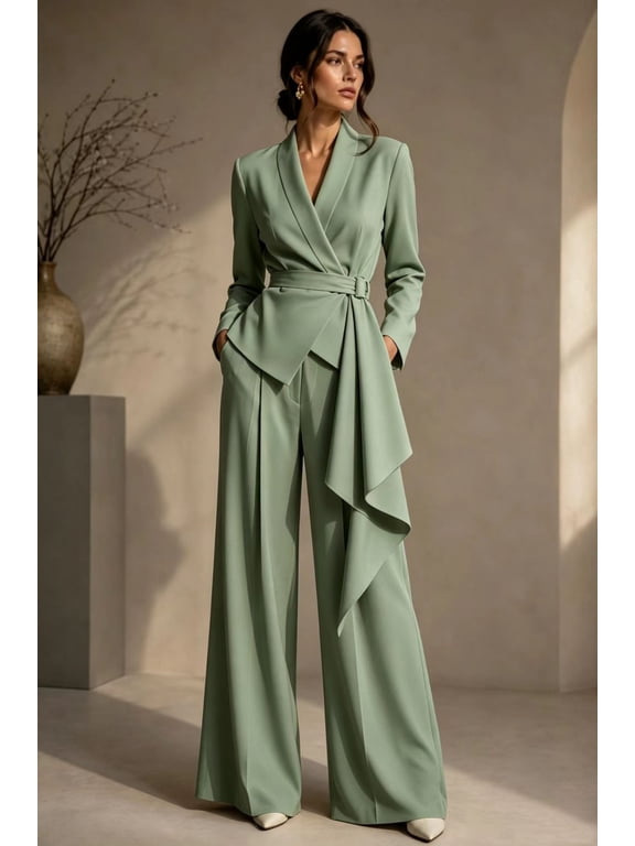 Women's 2 Piece Formal Pant Suit Wrap V Neck Long Sleeve Blazer Top & High Waist Wide Leg Pants Business Matching Outfit, XL