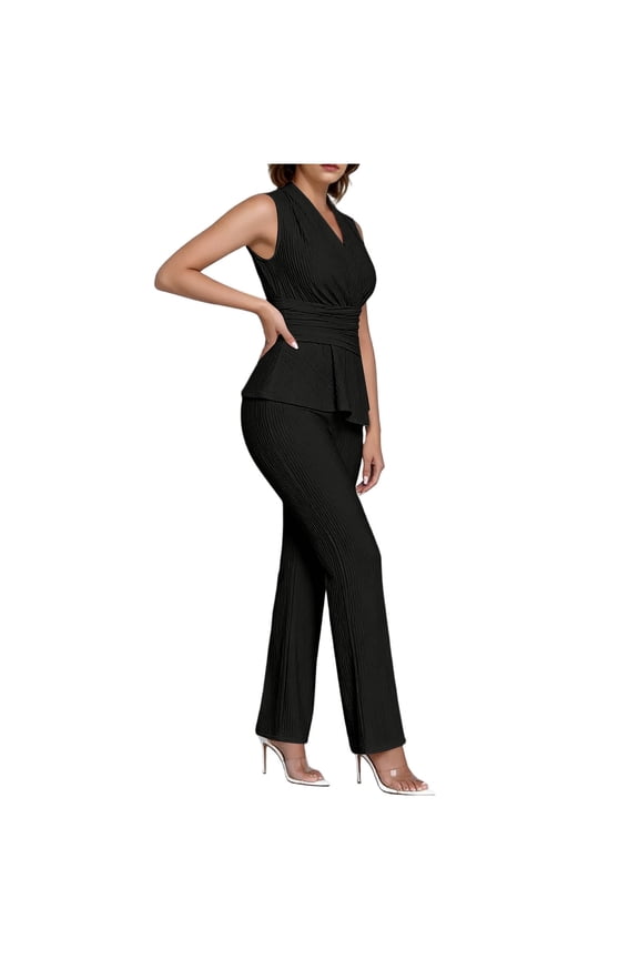 Women's 2 Piece Formal Pantsuit Sleeveless V Neck Ruched Waist Peplum Tops High Waist Flare Pants Elegant Outfits for Office Cocktail Party Black S