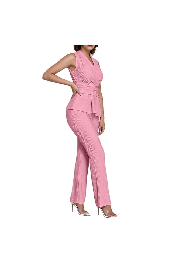 Women's 2 Piece Formal Pantsuit Sleeveless V Neck Ruched Waist Peplum Tops High Waist Flare Pants Elegant Outfits for Office Cocktail Party S
