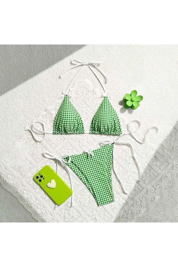 Women's 2 Piece Gingham Bikini Bikini Set Triangle Bow Front Beachwear High Waisted Bathing Suit Swimsuit Leopard Swimsuits for Women with Sleeves Swim Skirt with Shorts for Girls Women Two Piece