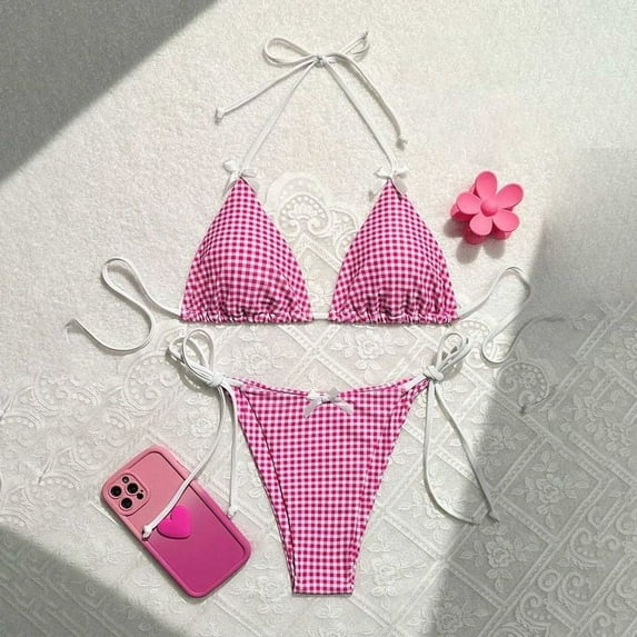 Women's 2 Piece Gingham Bikini Bikini Set Triangle Bow Front Beachwear High Waisted Bathing Suit Swimsuit Leopard Swimsuits for Women with Sleeves Swim Skirt with Shorts for Girls Women Two Piece