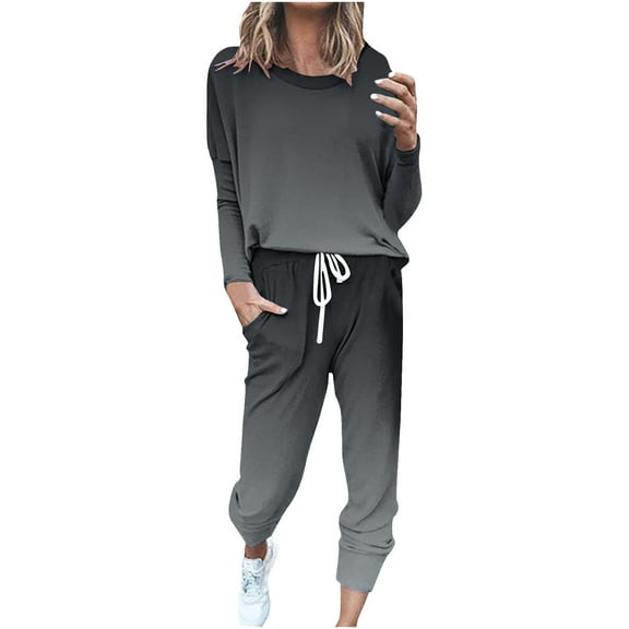Women’s 2-Piece Gradient Print Oversized Sweatshirt and Drawstring Jogger Sweatpants Tracksuit Set - Cozy Fall Winter Casual Outfit with Pockets Travel Set Matching Sets Women Clothing
