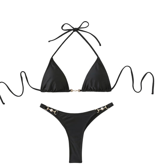 Women's 2 Piece Halter Bikini Set Metal Ring High Cut Swimsuits Beach Vacation Clothes (Black,L)