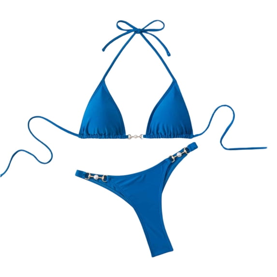 Women's 2 Piece Halter Bikini Set Metal Ring High Cut Swimsuits Beach Vacation Clothes (Blue,L)
