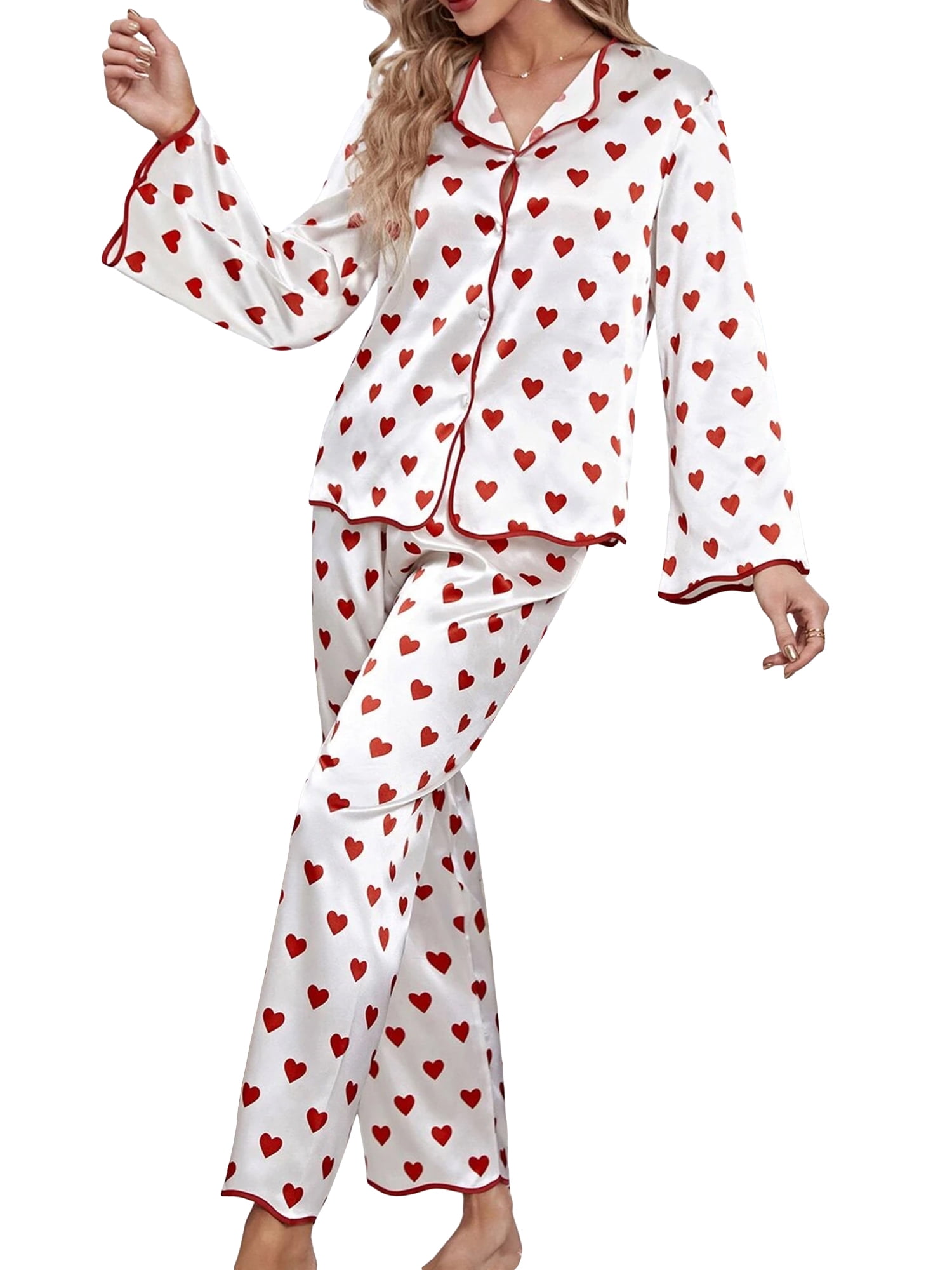 Women's 2 Piece Heart Print Satin Pajama Set Long Sleeve V Neck