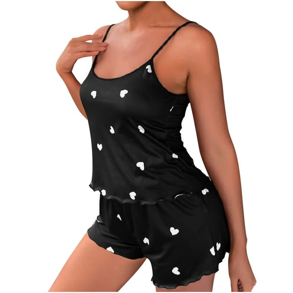 Women's 2 Piece Heart Print Summer Pajama Set Scoop Neck Sleeveless Cami Tops and Shorts Loungewear Black XL