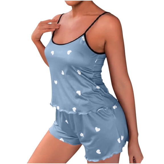 Women's 2 Piece Heart Print Summer Pajama Set Scoop Neck Sleeveless Cami Tops and Shorts Loungewear Blue L