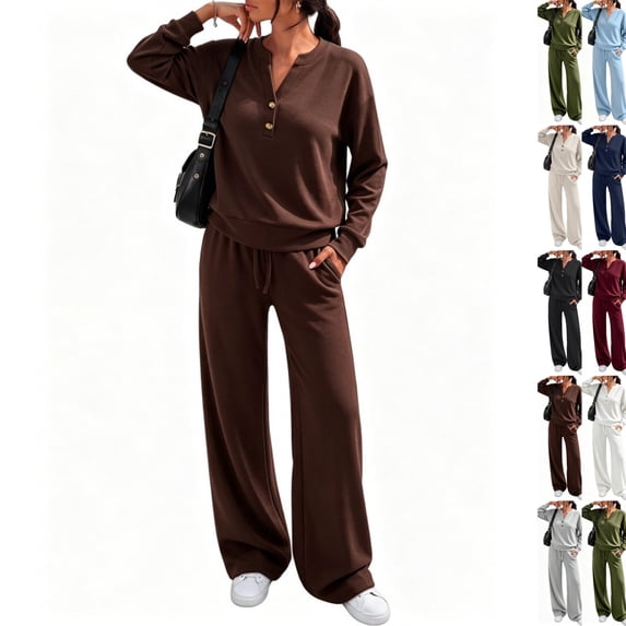 Women's 2 Piece Henley V Neck Fall Lounge Set Sweatsuits | Lounge Sets for Tall Women , Airport Travel Outfits, Comfy Athleisure Fall Winter Sweatsuits ,wide Leg Palazzo Pants Brown L