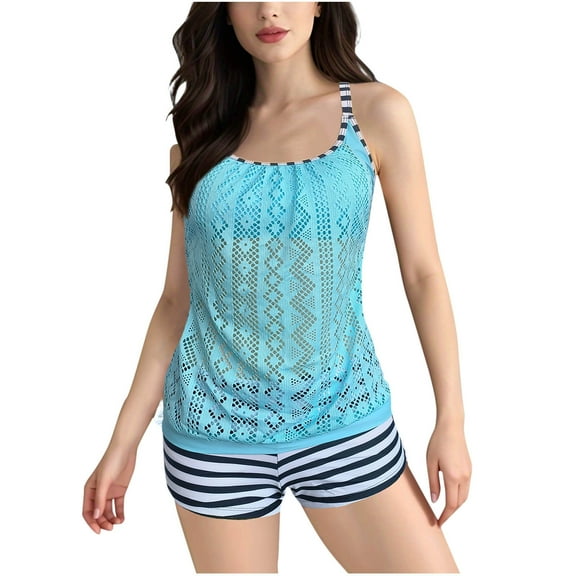 Women's 2 Piece Hollow Out Tankini Swimsuit Strip Sexy Padded Bathing Suits Plus Size Blouson Tank Swim Top with Boyshorts Light Blue, 4XL