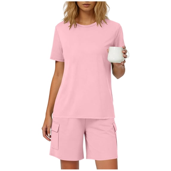 Women's 2 Piece Home Wear Crew Neck Short Sleeve Tops Elastic Waist Pockets Shorts Summer Comfy Lounge Sets (S, Pink)
