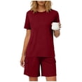 thumbnail image 1 of Women's 2 Piece Home Wear Crew Neck Short Sleeve Tops Elastic Waist Pockets Shorts Summer Comfy Lounge Sets (XL, Wine), 1 of 6