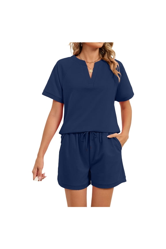 Women's 2 Piece Home Wear V Neck Short Sleeve T Shirts Drawstring Shorts Casual Comfy Loose Lounge Set (M, Navy)