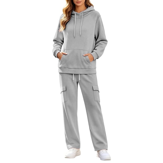 Women's 2 Piece Hoodie Set Pullover Sweatshirt and Cargo Wide Leg Pants Relaxed Casual Fall Fleece Sweatsuit Set