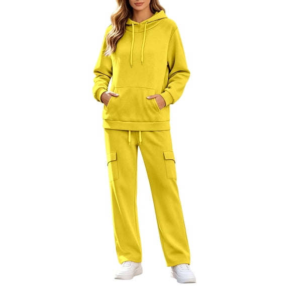 Women's 2 Piece Hoodie Set Pullover Sweatshirt and Cargo Wide Leg Pants Relaxed Casual Fall Fleece Sweatsuit Set