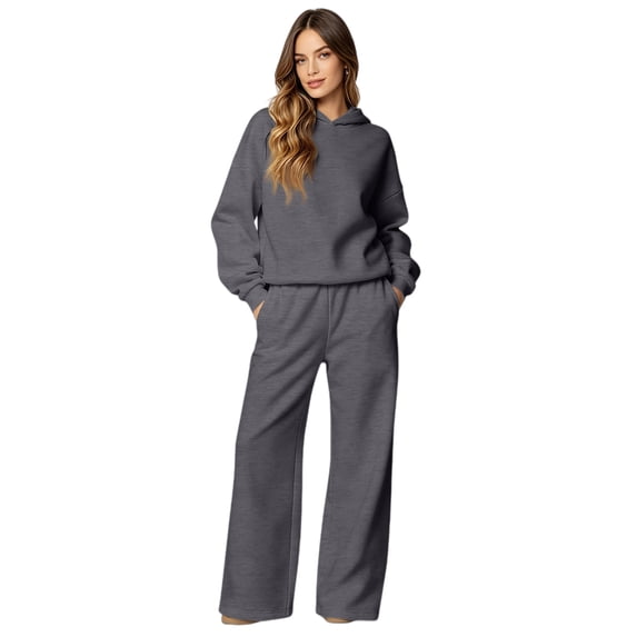 Women's 2 Piece Hoodie Set Pullover Sweatshirt and Wide Leg Pants, Relaxed Casual Fall Lounge Outfit with Side Pockets Weekend Matching Sweatsuit, S