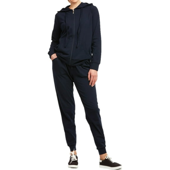 Women's 2 Piece Jersey Cotton Zipper Hoodie Jacket with Jogger Pants, Navy, X-Large, 1 Set