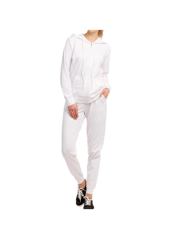 Women's 2 Piece Jersey Cotton Zipper Hoodie Jacket with Jogger Pants, White, Large, 1 Set