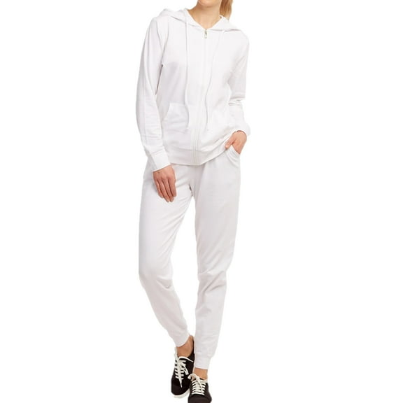 Women's 2 Piece Jersey Cotton Zipper Hoodie Jacket with Jogger Pants, White, X-Large, 1 Set