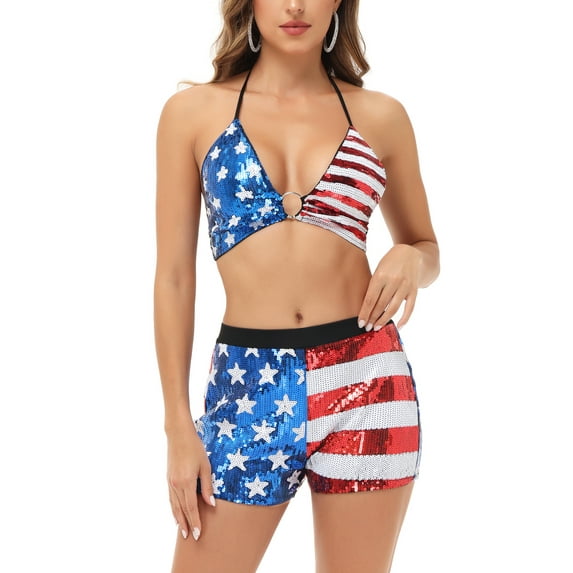 Women's 2 Piece July 4th Bikini Set USA Flag Sparkly Sequin Halter Top Shorts Sets