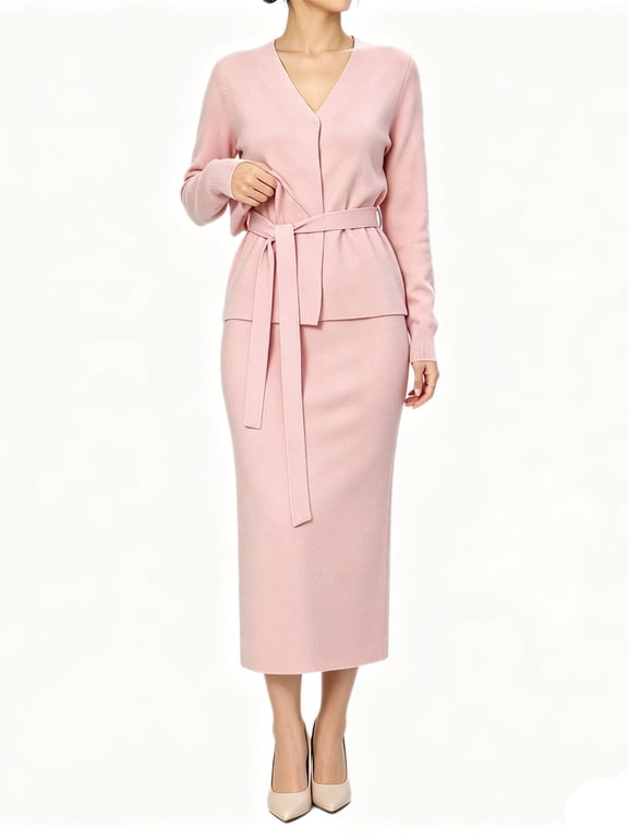 Women's 2 Piece Knit Outfit V Neck Long Sleeve Belted Cardigan and Midi Skirt Matching Set