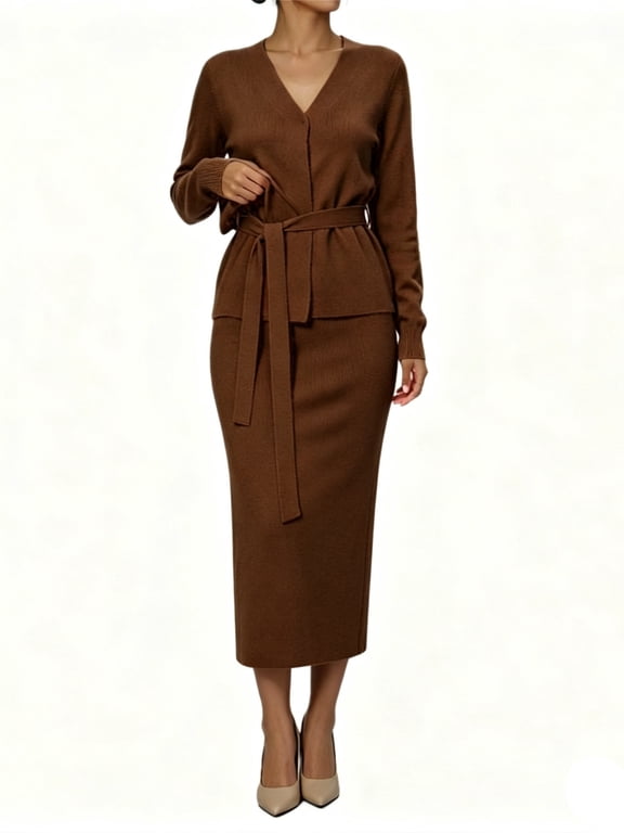 Women's 2 Piece Knit Outfit V Neck Long Sleeve Belted Cardigan and Midi Skirt Matching Set