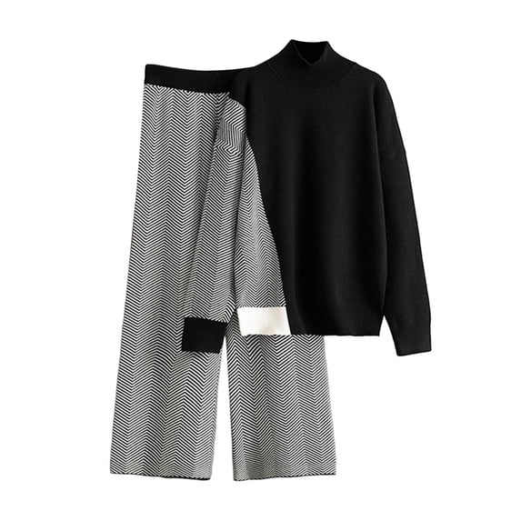 Women's 2 Piece Knit Outfits Mock Neck Long Sleeve Sweater Top and Chevron Wide Leg Pants Set Casual Pullover Lounge Wear Tracksuit
