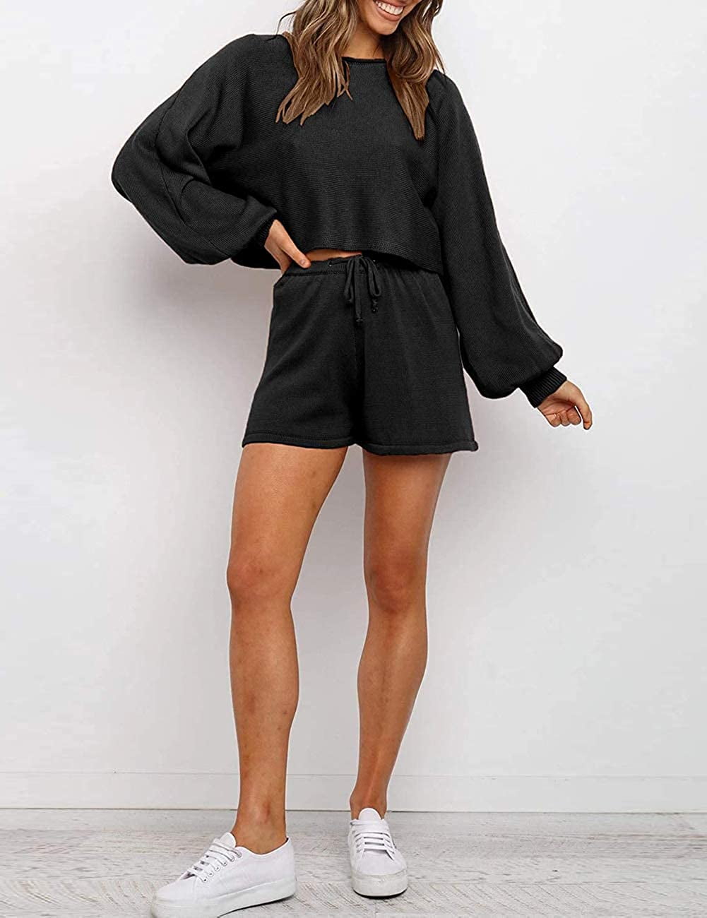 Beige Two-Piece Knit Sweatsuit Shorts Set