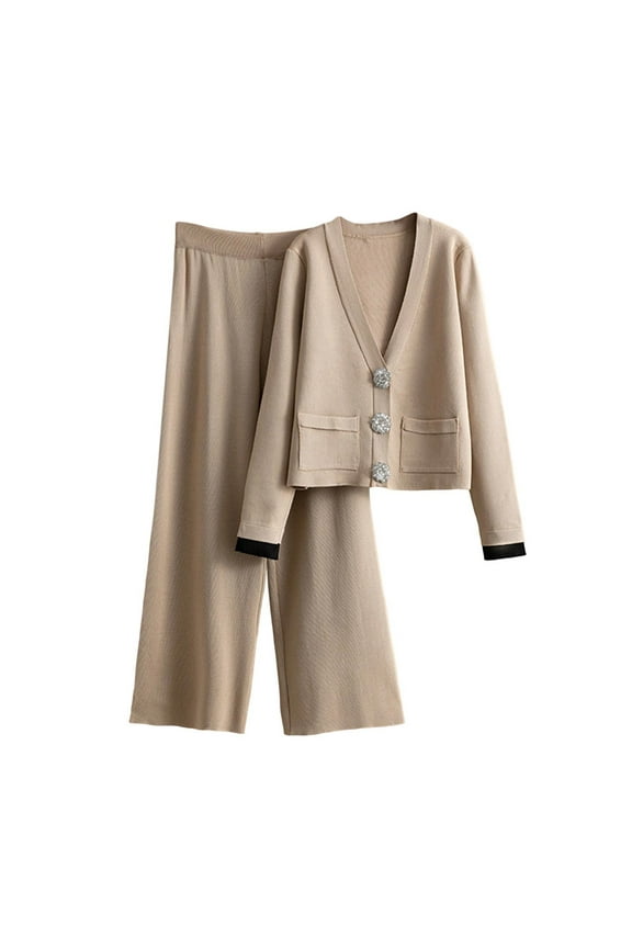 Women's 2 Piece Knit Set Casual Long-Sleeved V-Neck Button Down Cardigan Sweater Top With Pockets Loose Wide-Leg Elastic Waist Pockets Pants