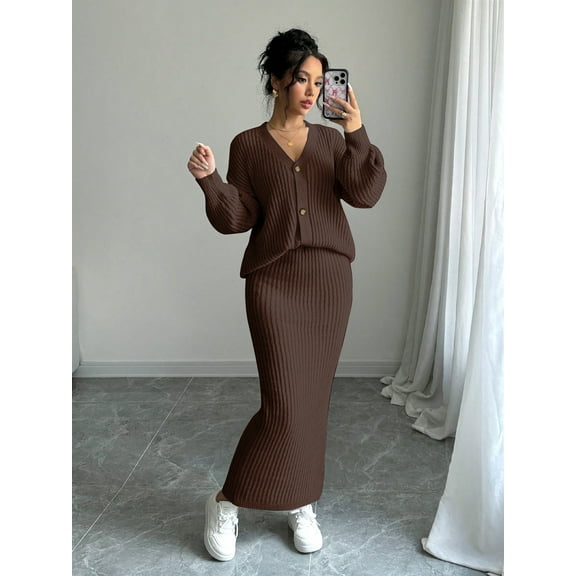 Women's Knit V-Neck Cardigan and High-Waist Skirt Set - Elegant Two-Piece Outfit