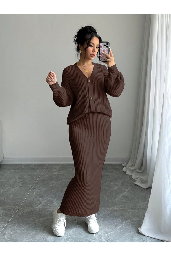 Women's Knit V-Neck Cardigan and High-Waist Skirt Set - Elegant Two-Piece Outfit