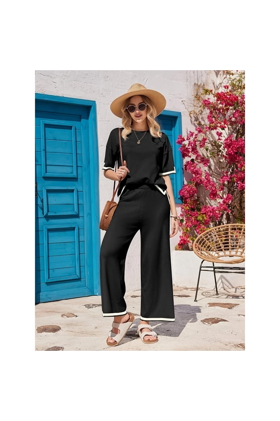 Women’s 2-Piece Knit Sweater Set – Short Sleeve Pullover Top & Wide-Leg Pants | 100% Viscose