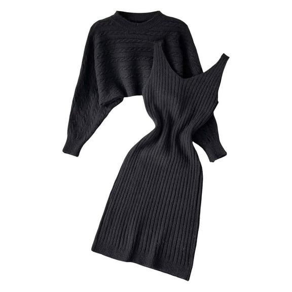 Women's 2 Piece Knitted Dress Set - Long Sleeve Pullover Top Bodycon Midi Dress, Polyester for Winter