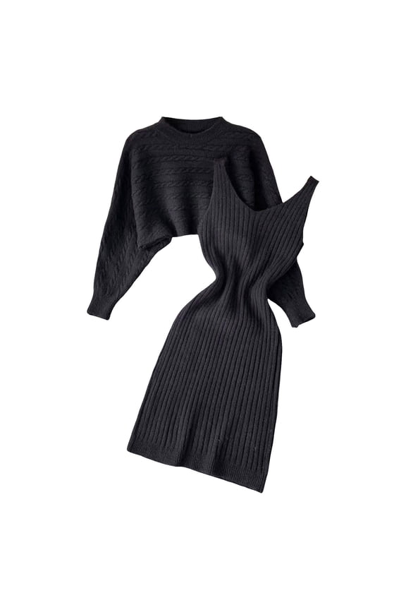 Women's 2 Piece Knitted Dress Set - Long Sleeve Pullover Top + Bodycon Midi Dress, Polyester for Winter