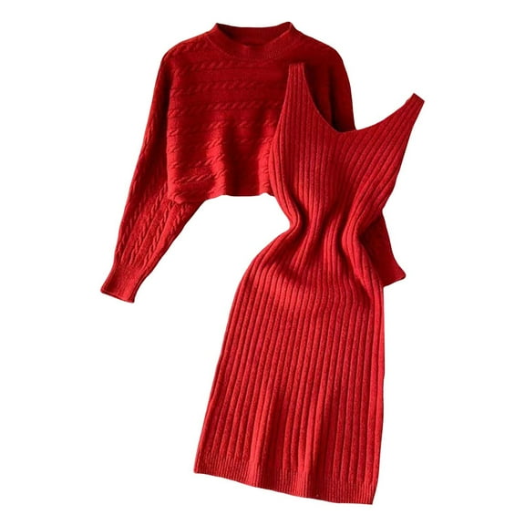Women's 2 Piece Knitted Dress Set - Long Sleeve Pullover Top   Bodycon Midi Dress, Polyester for Winter